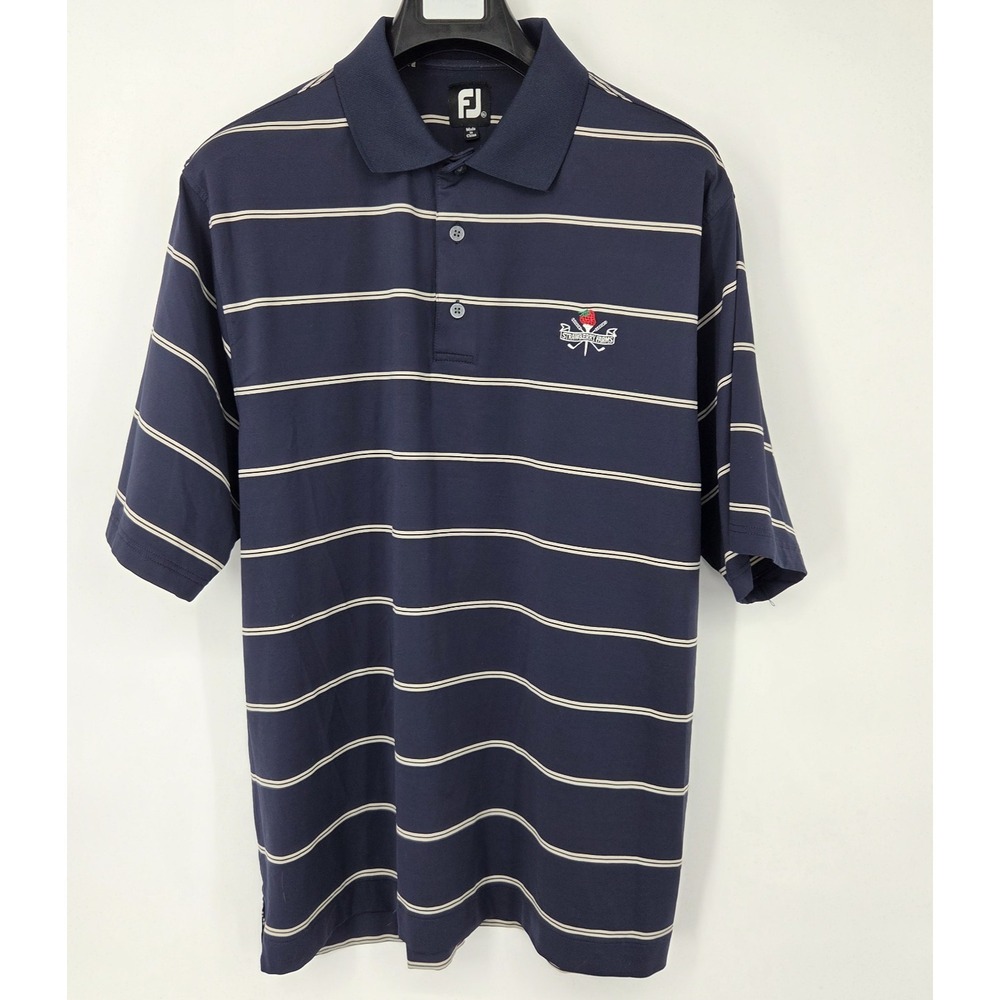 FootJoy Men's Polo Shirt XL Navy Blue Striped Short Sleeve Golf Logo EUC - Picture 1 of 7
